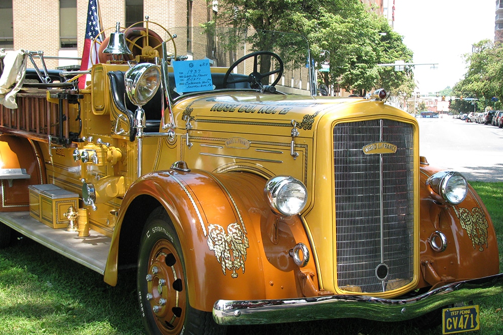 A beautifully restored vintage fire engine